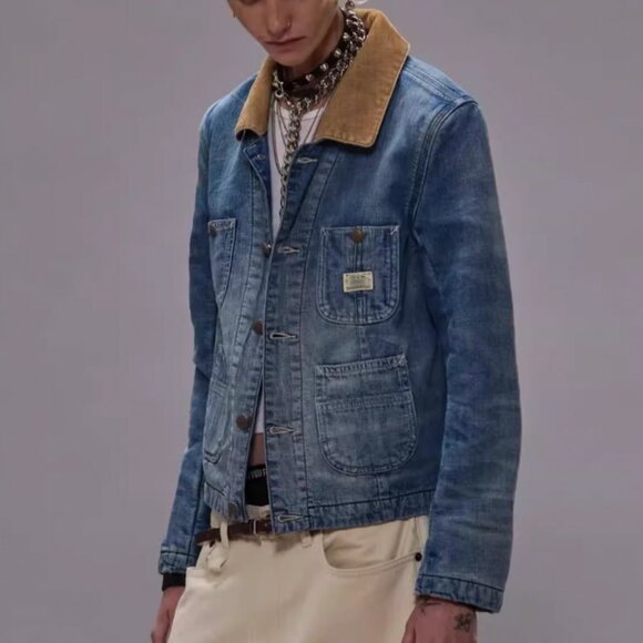 NWT R13 Corduroy Collar Cropped Denim Chore Jacket Calli Blue Retro - Picture 2 of 12